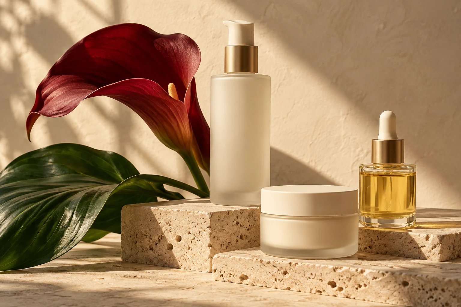 Unbranded skincare bottles and a cream jar on warm stone with a burgundy flower